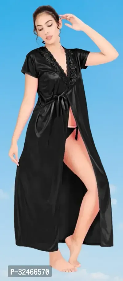 Stylish Black Satin Nighty Set Combo Of 6 For Women-thumb2