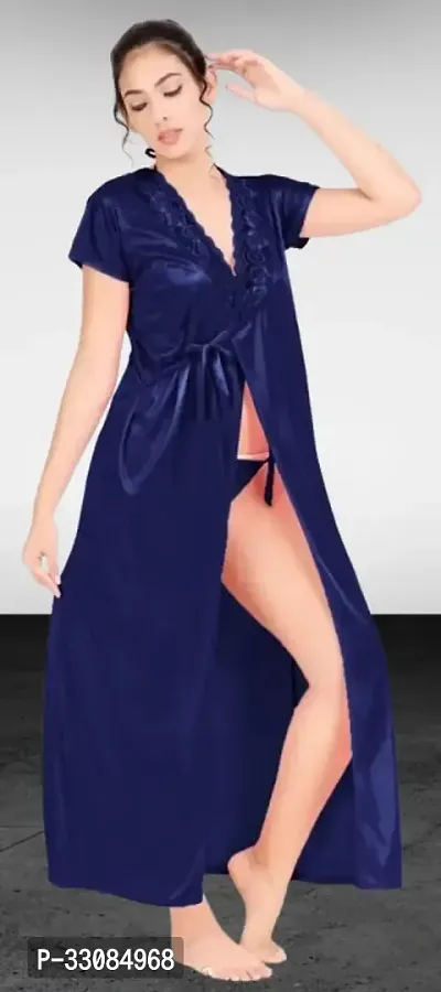 Stylish Navy Blue Satin Nightdress Combo set For Women Pack Of 6-thumb2