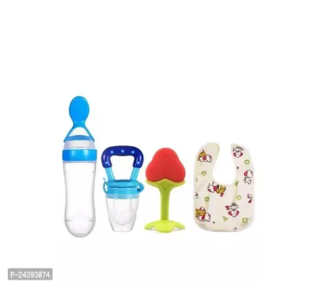 Flamgam Combo Pack Of Baby Feeding Spoon ,Food Feeder,Teether And Bib Pack Of 4
