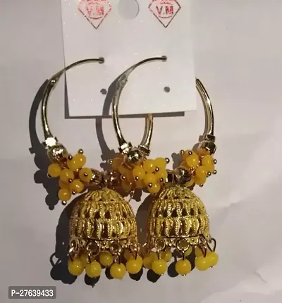 Yellow Brass Beads Jhumkas Earrings For Women-thumb0