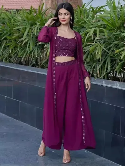 Trendy Heavy Georgette Embroidered Crop Top with Palazzos with Jacket Kurti