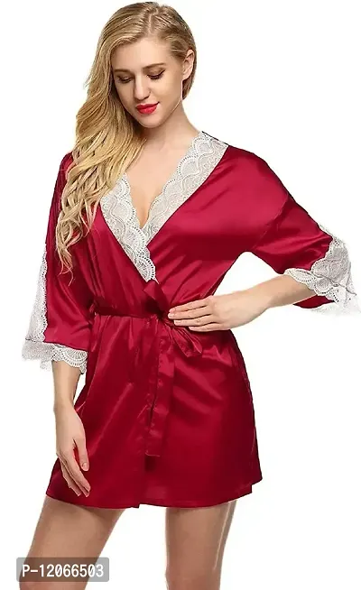 Avyanga Women Satin Kimono Robe V-Neck Nightwear for Women with Lace Design for Female (RED)-thumb0