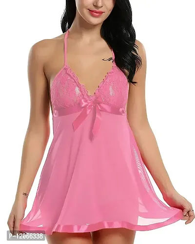 poksi Women Lingerie/Babydoll/Nightwear with Panty Free Size riben (Color Pink)-thumb0