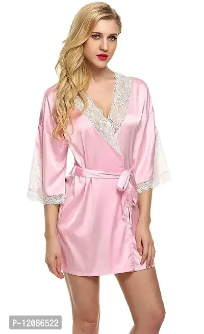 Avyanga Women Satin Kimono Robe V-Neck Nightwear for Women with Lace Design for Female(PINK)