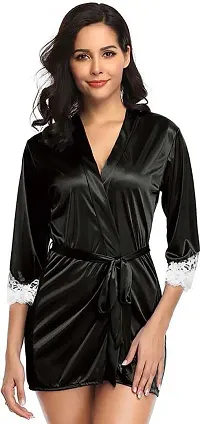 Avyanga Women Satin Kimono Robe V-Neck Nightwear for Women with Lace Design for Female (BLACK)-thumb2