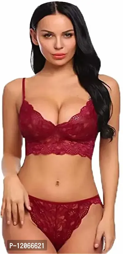 Avyanga Women's Lace Push Up Underwired Solid Lingerie Set (Model No Bikini red)-thumb2