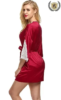 Avyanga Women Satin Kimono Robe V-Neck Nightwear for Women with Lace Design for Female (RED)-thumb2