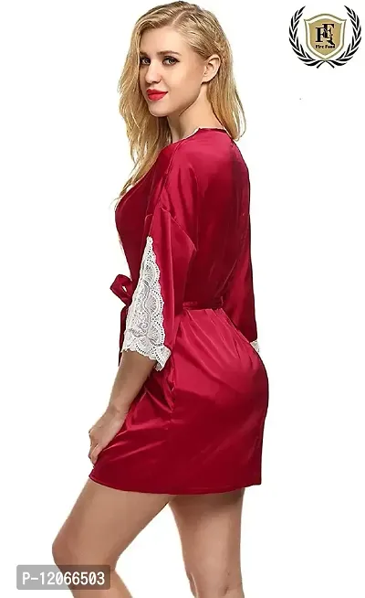 Avyanga Women Satin Kimono Robe V-Neck Nightwear for Women with Lace Design for Female (RED)-thumb3