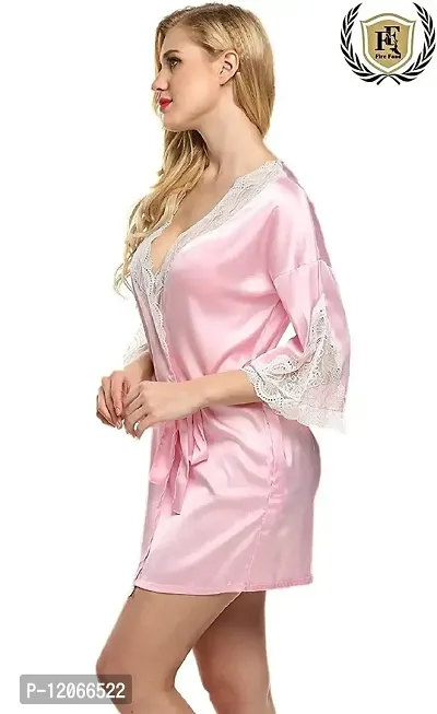 Avyanga Women Satin Kimono Robe V-Neck Nightwear for Women with Lace Design for Female(PINK)-thumb2