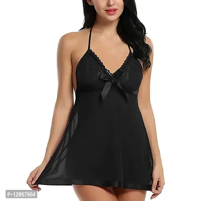 AsurOn Women's Synthetic Solid Above Knee Babydoll With Panty (AOL10_Black)-thumb5