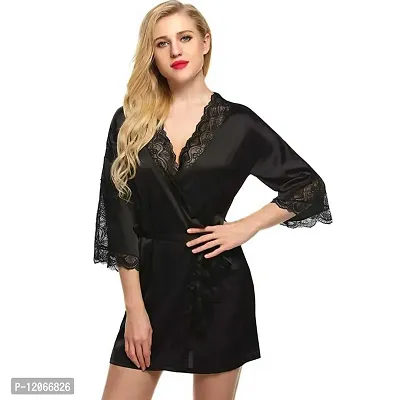 Avyanga Women Satin Kimono Robe V-Neck Nightwear for Women with Lace Design for Female (BLACK)