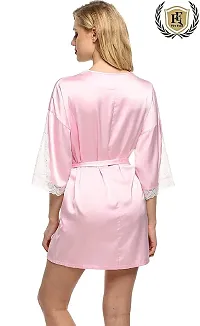 Avyanga Women Satin Kimono Robe V-Neck Nightwear for Women with Lace Design for Female(PINK)-thumb2