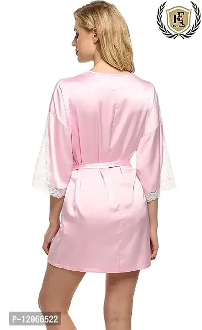 Avyanga Women Satin Kimono Robe V-Neck Nightwear for Women with Lace Design for Female(PINK)-thumb3