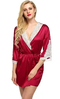 Avyanga Women Satin Kimono Robe V-Neck Nightwear for Women with Lace Design for Female (RED)-thumb1