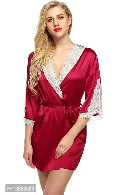 Avyanga Women Satin Kimono Robe V-Neck Nightwear for Women with Lace Design for Female (RED)-thumb2