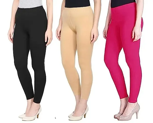 ANURUPAM FASHION Women's Cotton Lycra Stretchable Ankle Length Leggings Combo (Pack of 3)