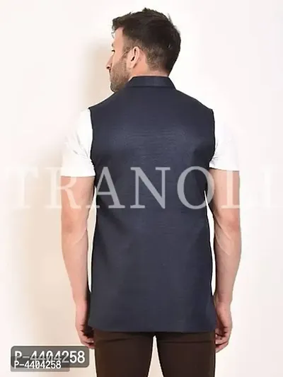 TRANOLI Fashionable Navy Blue Jute Solid Waistcoat For Men-thumb2