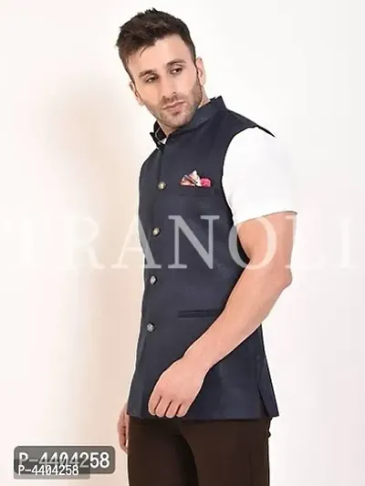 TRANOLI Fashionable Navy Blue Jute Solid Waistcoat For Men-thumb4