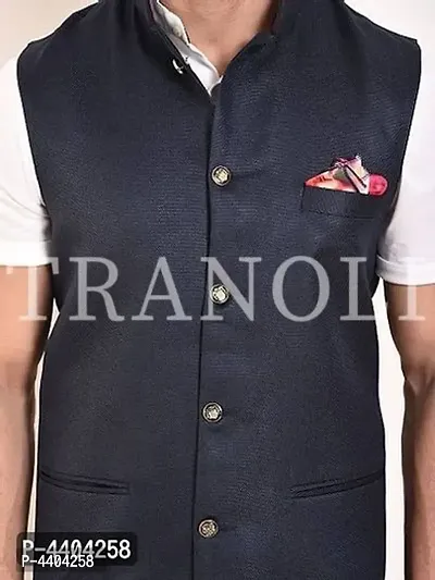 TRANOLI Fashionable Navy Blue Jute Solid Waistcoat For Men-thumb5