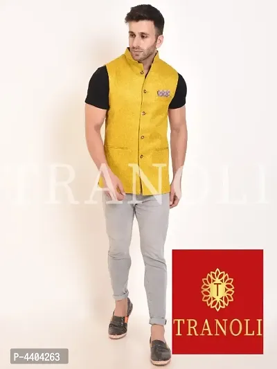 TRANOLI Fashionable Yellow Jute Solid Waistcoat For Men-thumb0
