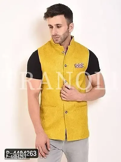 TRANOLI Fashionable Yellow Jute Solid Waistcoat For Men-thumb2