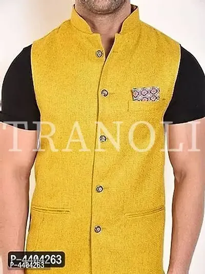 TRANOLI Fashionable Yellow Jute Solid Waistcoat For Men-thumb4