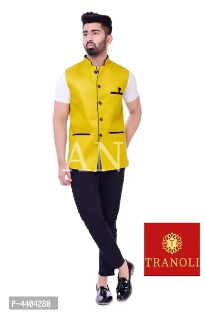 TRANOLI Fashionable Yellow Jute Solid Waistcoat For Men-thumb0