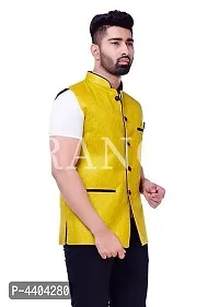 TRANOLI Fashionable Yellow Jute Solid Waistcoat For Men-thumb2