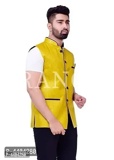 TRANOLI Fashionable Yellow Jute Solid Waistcoat For Men-thumb3