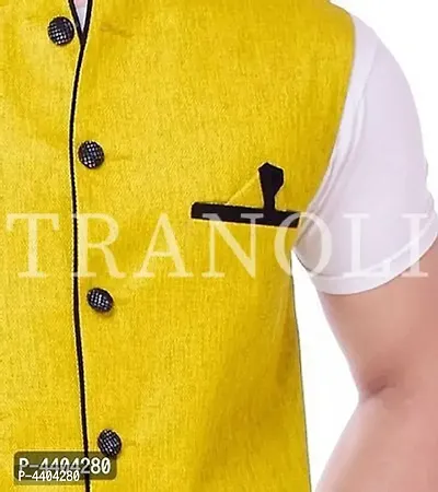 TRANOLI Fashionable Yellow Jute Solid Waistcoat For Men-thumb5