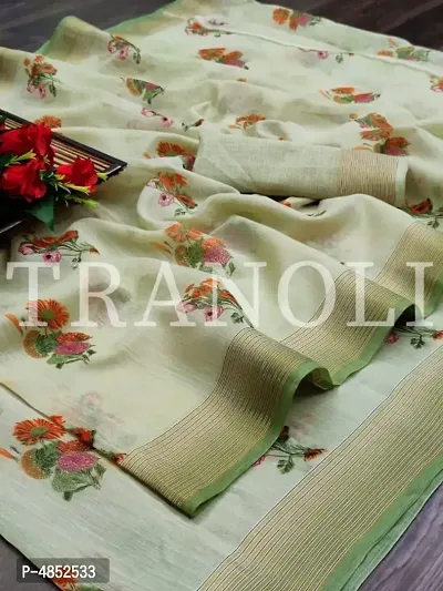 Tranoli Women's Beautiful Green Woven Design Linen Saree with Blouse piece-thumb2