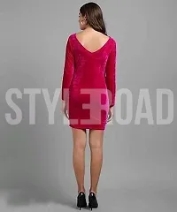 Women Pink Plain Velvet Short Dress-thumb2