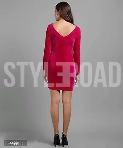 Women Pink Plain Velvet Short Dress-thumb3