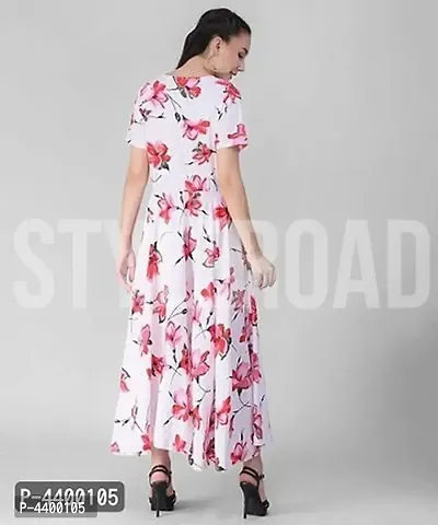 Women White Base Red Floral Printed Dress-thumb4