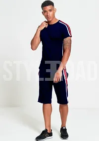 StyleRoad Navy Blue Solid Polycotton Sports Tees  Shorts Set-thumb1