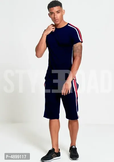 StyleRoad Navy Blue Solid Polycotton Sports Tees  Shorts Set-thumb2