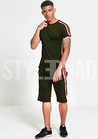 StyleRoad Olive Solid Polycotton Sports Tees  Shorts Set-thumb1