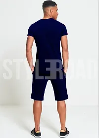 StyleRoad Navy Blue Solid Polycotton Sports Tees  Shorts Set-thumb3