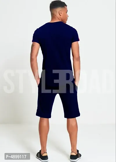 StyleRoad Navy Blue Solid Polycotton Sports Tees  Shorts Set-thumb4