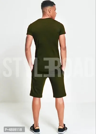 StyleRoad Olive Solid Polycotton Sports Tees  Shorts Set-thumb4
