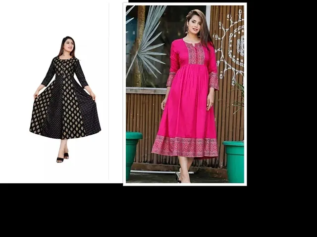 Trendy Multicoloured Printed Rayon Anarkali Kurta Pack Of 2