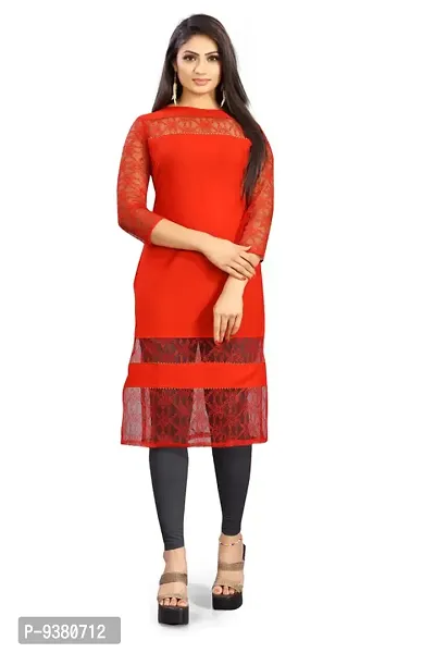 Stylish Fancy American Crepe Embellished Red Straight Kurta For Women