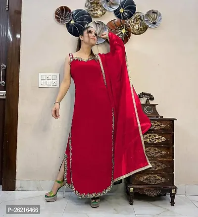 Stylish Red Georgette Kurta With Bottom Wear And Dupatta For Women-thumb0