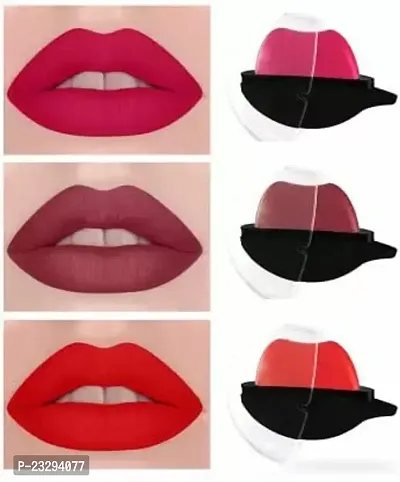 Classic Lip Shape Lipstick Lasting Waterproof Non-Stick Matte Lipstick (Red, Pink, Brown, 10 G) Pack Of 3-thumb0