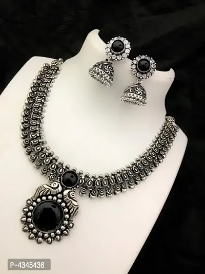 Trendy Oxidised Silver Necklace With Jhumka Earring for Women