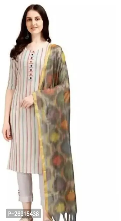 Beautiful Straight Multicoloured Embellished Cotton Kurta, Bottom and Dupatta Set For Women-thumb0