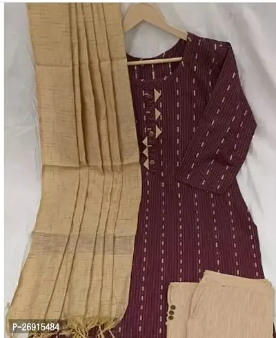 Beautiful Straight Maroon Embellished Cotton Kurta, Bottom and Dupatta Set For Women