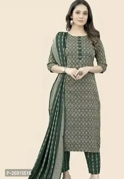 Beautiful Straight Green Embellished Cotton Kurta, Bottom and Dupatta Set For Women-thumb0