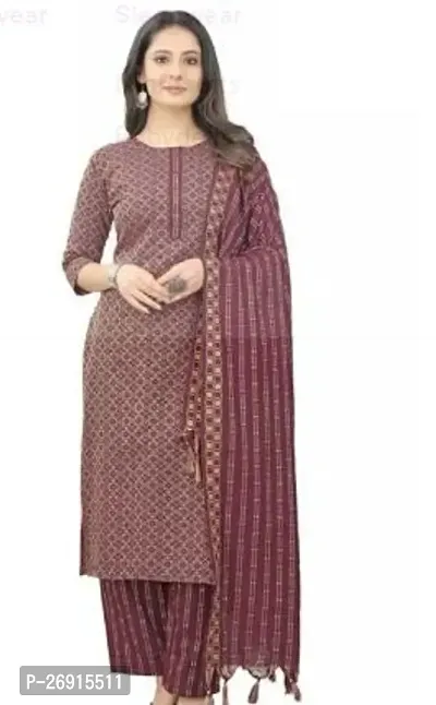 Beautiful Straight Beige Embellished Cotton Kurta, Bottom and Dupatta Set For Women-thumb0