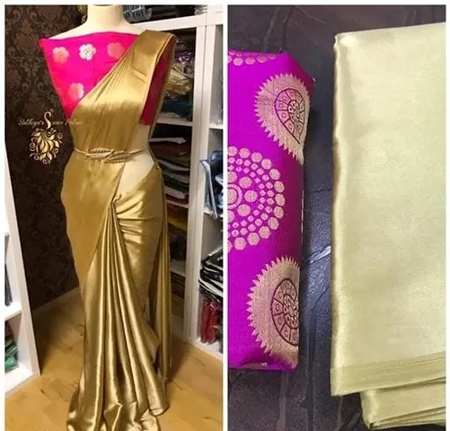 New Trendy Satin Solid Saree with Blouse piece